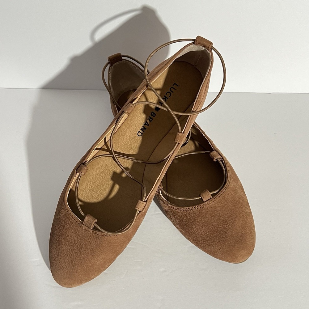 Lucky Brand‎ Women's Leather Slip-On Lace Up Ballet Flats Tan Brown Size 6.5